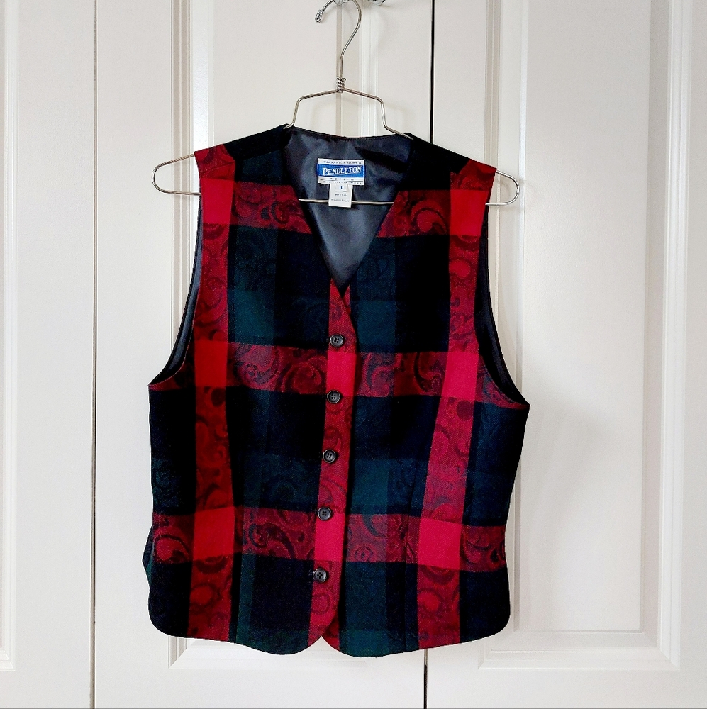 90s Red & Green Plaid Wool Pendleton Vest size 10 Petite Christmas Mrs‎ Claus